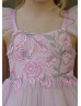 Pink Embroidered Lace Ombre Tulle Pompoms Flower Girl Dress